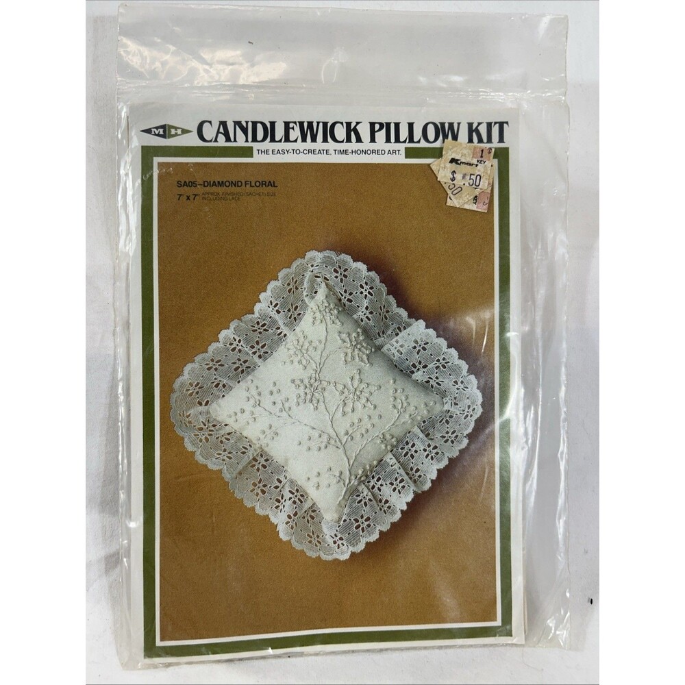 Vintage 1983 MH Candlewick Embroidery Pillow Sachet 7x7 Diamond floral-SEALED
